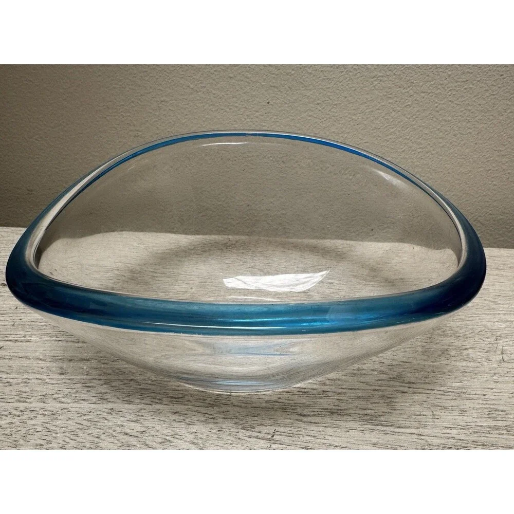 Holmegaard Selandia Style Art Glass Bowl Blue Rim Tri-Corner 7